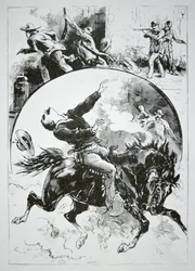 The Dalton Gang, zestrzelony przez zirytowanych obywateli Coffeyville, z „Narodowej Gazety Policyjnej”, 5 października 1892 (rycina)