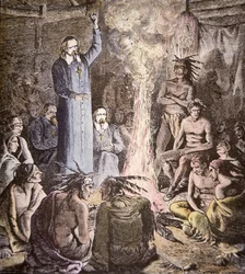 Francuski jezuita misjonarz Brebeuf wśród Algonquins (kolor lito)