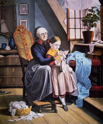 Lekcja robienia na drutach, wydana przez Currier & Ives