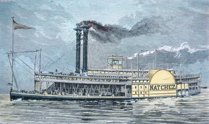 Boczny wózek Mississippi „Natchez”, ok. 1870 (kolorowy grawerunek)