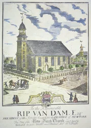 Nowy Holenderski Kościół Reformowany, zbudowany na rogu ulic Nassau i Liberty, Nowy Jork, w 1731 roku (kolorowy grawerunek)