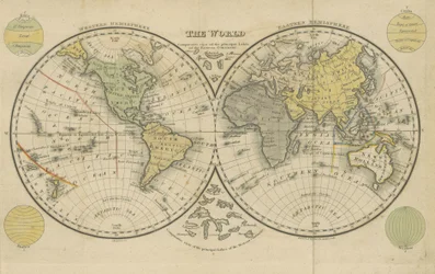 Świat, zdjęcie zaczerpnięte ze strony 17 „The Boston School Atlas. Z geografią elementarną i astronomią itp. (wydanie czwarte.) [Mapy, z tekstem objaśniającym.]
