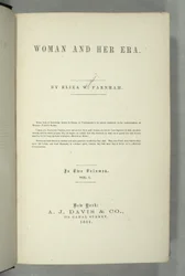 Strona tytułowa „Kobiety i jej era” Elizy Wood Farnham (1815-64) opublikowana w Nowym Jorku, 1864 (druk)