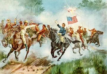 US Rough Riders podbijające hiszpańską placówkę na Kubie podczas wojny amerykańsko-hiszpańskiej , 1898
