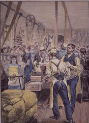 Przemysł tekstylny USA, fabryka tekstylna na północy, ok. 1870 (kolorowe grawerowanie)