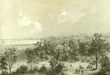Widok na Lake View House, z Chicago Illustrated, z opisami literackimi Jamesa W. Sheahana, opublikowanymi przez Jevne & Almini, Chicago, 1866-67