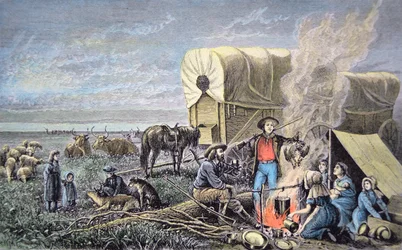 Emigranci wagonowi na zachód (kolorowy grawerunek)