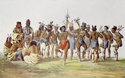 Taniec wojenny Sauków i Foxów, ilustracja z „The Indian Tribes of North America, Vol. 1” Thomasa L. McKenneya i Jamesa Halla, wydana przez Johna Granta