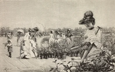 Kobiety spacerujące po Brerze, Mediolan, Włochy, rycina z obrazu Maggio (maj) Amerino Cagnoniego (1853-1923), z L