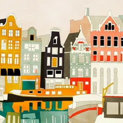 Domy w Amsterdamie z łodziami, widok 1