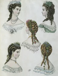 Fryzury, ilustracja z "La Mode illustree", 1860 (rycina kolorowa)