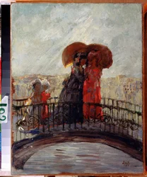 W deszczu (W deszczu). Obraz Anatolija Afanasjewicza Arapowa (1876-1949). Olej na płótnie, 36 x 28 cm