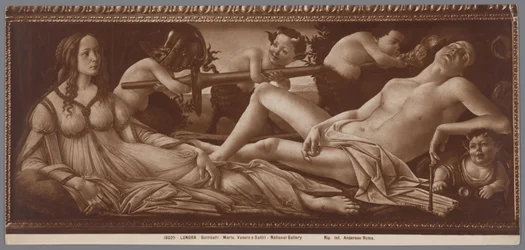 Reprodukcja fotograficzna obrazu Wenus i Mars Sandro Botticellego Londra, Botticelli, Marte, Venere e Satiri, National Gallery (tytuł na obiekcie)