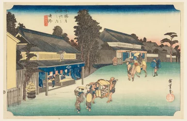 Narumi, miejsce słynące z tkaniny, w pięćdziesięciu trzech stacjach Tokaido Road (Tokaido Gojusan Tsugi-no Uchi)