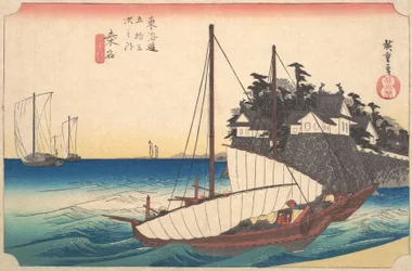 Stacja czterdziesta trzecia: Kuwana, prom Seven-Ri w porcie, z portu pięćdziesiątego trzy..., ca. 1833-34.