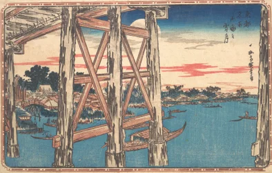 Zmierzch księżyca na moście Ryogoku.