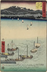 53, Żaglówki przy bramie promowej Yabase na plaży Kusatsu, Kusatsu, 1855