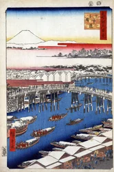 „Sto słynnych widoków Edo” (obecne Tokio): Nihonbashi lub most Nihombashi, oczyszczony po opadach śniegu. Widok na miasto Tokio w Japonii z górą Fuji w tle. (Pogoda po śniegu na Nihon Bridge (Sto słynnych widoków Edo).