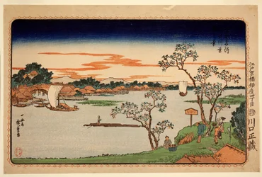 Wiśnie w liściach nad rzeką Sumida, z cyklu Słynne miejsca w stolicy wschodniej, ok. 1831 (kolorowy drzeworyt)