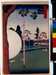 Japoński druk: Tor wyścigów konnych w Takata (Tokio, Japonia). Seria stu słynnych widoków Edo. (Tor konny w Takacie, Sto słynnych widoków Edo). Praca Utagawa Hiroshige (1797-1858), drzeworyt (39x26 cm)