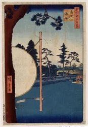 Japońska grafika: Hipodrom w Takata (Tokio, Japonia). (Seria sto słynnych widoków Edo). (Tor konny w Takacie. Sto słynnych widoków Edo). Praca Utagawy Hiroshige (1797-1858), drzeworyt