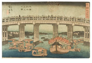 Fajerwerki w chłodzie wieczoru na moście Ryogoku z serii Znane miejsca w Edo - nowo wybrane, ok. 1840-1842 (drewnodruk na papierze)