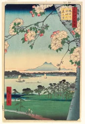 Las Suijin Shrine i Masaki nad rzeką Sumida, 1856, 8. miesiąc