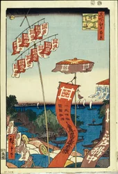 Le pont Kanasugi et Shibaura (cent vues celebres de Edo) - Oeuvre de Utagawa Hiroshige (1797-1858), estampe japonaise, vers 1858 - (Most Kanasugi i Shibaura - (Sto słynnych widoków Edo), kolorowy drzeworyt autorstwa Utagawy Hiroshige, ok. 1858) Pustelnik P