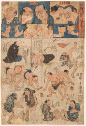 Ruchy treningowe zapaśników sumo. Rycina Utagawy Hiroshige (1797-1858)