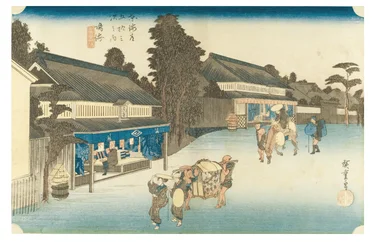 Narumi: Słynna barwiona tkanina Arimatsu z serii Pięćdziesiąt trzy stacje Tokaido, ok. 1831-1834 (drzeworyt na papierze)