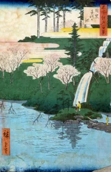 Sto słynnych widoków Edo; widok na staw Chiyo a Meguro. Japońska grafika Utagawy Hiroshige (1797-1858) XIX wiek. Prywatna kolekcja