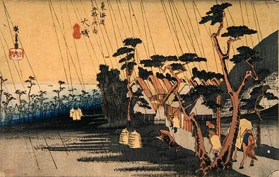 Nagły prysznic, Oiso, z serii „Pięćdziesiąt trzy stacje autostrady Tokaido”, ok. 1833-34 (kolorowy drzeworyt)