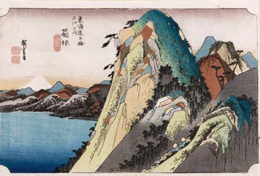 Jezioro w Hakone”, z serii „Pięćdziesiąt trzy stacje Tokaido” (kolorowy drzeworyt)
