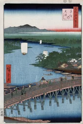 Wielki most Senju przecinający rzekę Sumida, z górami w tle, drzeworyt Ando Hiroshige