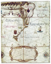 Mapa Ameryki Południowej, w Universa i Navigabilis Totius Terrarum Orbis Descriptio 1559 (kolorowy rękopis)