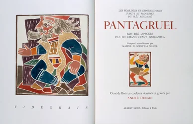 Strona tytułowa "Les horribles et espouvantables faictz et prouesses du tres renomme Pantagruel, Roy des Dipsodes, fils du grand geant Gargantua. Compose nouvellement par Maitre Alcofybras Nasier", autor: Francois Rabelais (ok. 1494-1553) 1943 (drzeworyt)