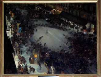 La charge, Boulevard Montmartre Scena demonstracji w Paryżu. Obraz Andre Devambeza (1867-1944) 1901 Nd. 1,27 x 1,62 m. Paryż, Muzeum Orsay