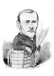 Karykatura Georgesa Ohneta (1848-1918), francuskiego pisarza reprezentującego swoimi książkami i piórem. Rysunek autorstwa Andre Gilla. Grawerowanie w „”Le Monde Illustré””