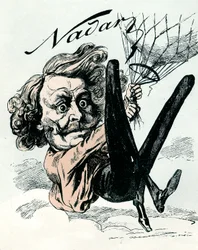 Rysunek Feliksa Nadara, pioniera zdjęć lotniczych z 1858 roku, zwisający z balonu (rycina)
