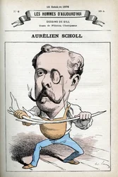 Portret Aureliena Scholl (1833-1902), francuskiego dziennikarza, pisarza i komika. Karykatura autorstwa Gilla, Paryż.