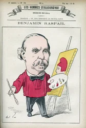 Portret Benjamina Raspaila (1823-1899), francuskiego malarza i polityka, który zainicjował ustawę ustanawiającą 14 lipca świętem narodowym. Karykatura Gilla, Paryż.