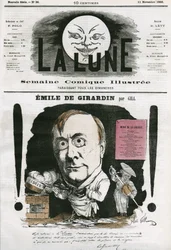 Portret Emile de Girardin (1806-1881), francuskiego dziennikarza. Karykatura Gilla, w „Księżycu”, 11 listopada