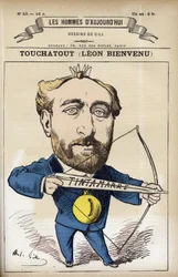 Portret Leona Bienvenu dit Touchatout (1835-1911), francuskiego dziennikarza i autora „L’Histoire de France Tintamarresque”. Karykatura autorstwa Gilla, Paryż.