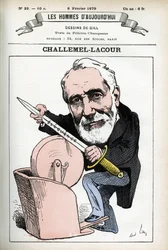 Portret Paula-Armanda Challemela-Lacoura (1827-1896), polityka, dyplomaty i historyka filozofii francuskiej. Karykatura Gilla, w „Les Homme d