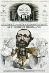 Portret Viconte Ponson du Terrail (1829-1871), popularnego francuskiego pisarza, autora powieści-opery mydlanej. Karykatura Gilla, w „Księżycu”, 24 lutego