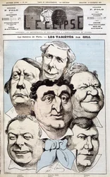 Portrety Léonce, Berthelier, Poppy Cadet, Dupuis, Pradeau i Baron, autorów teatralnych. Karykatura Gilla w „”L