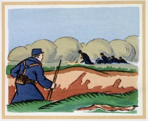 22 kwietnia 1915: Niemcy używają gazów duszących - w „Księdze bohaterskich godzin 1914/1918” autorstwa Andre Helle (1871-1945)
