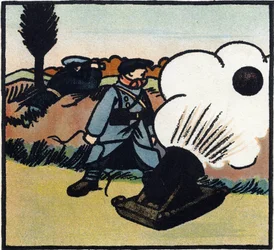Pierwsza wojna światowa 1914-1918 (14-18): Wyrzutnia bomb. Francuski żołnierz wysyła bomby w kierunku wroga za pomocą armaty. Rycina w "Alfabecie Wielkiej Wojny 1914-1916 (dla dzieci naszych żołnierzy)". Editions Berger-Levrault