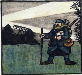 Pierwsza wojna światowa 1914-1918 (14-18): Owłosiony. Portret żołnierza armii francuskiej w mundurze wojskowym z plecakiem, torbą i karabinem. Rycina w "Alfabecie Wielkiej Wojny 1914-1916 (dla dzieci naszych żołnierzy)". Editions Berger-Levrault