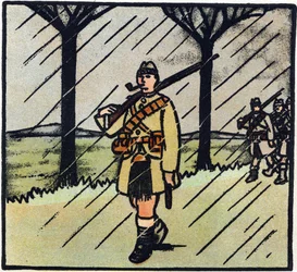 Pierwsza wojna światowa 1914-1918 (14-18): Highlander. Żołnierze ze Szkocji przybyli na pomoc armii francuskiej. Ich mundur wojskowy składa się z jednego kiltu. Rycina w "Alfabecie Wielkiej Wojny 1914-1916 (dla dzieci naszych żołnierzy)". Editions Berger-L